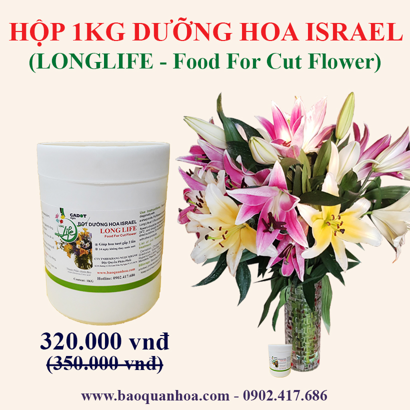 Dinh Dưỡng Hoa Cắt Cành (Food for Flower) nhập khẩu ISrael (Hủ 1KG dạng bột) Hiệu Longlife SG dành cho Shop Hoa FLorist bảo quản mọi loại hoa tươi lâu và 14 ngày không thay nước, không cắt tỉa gốc hoa