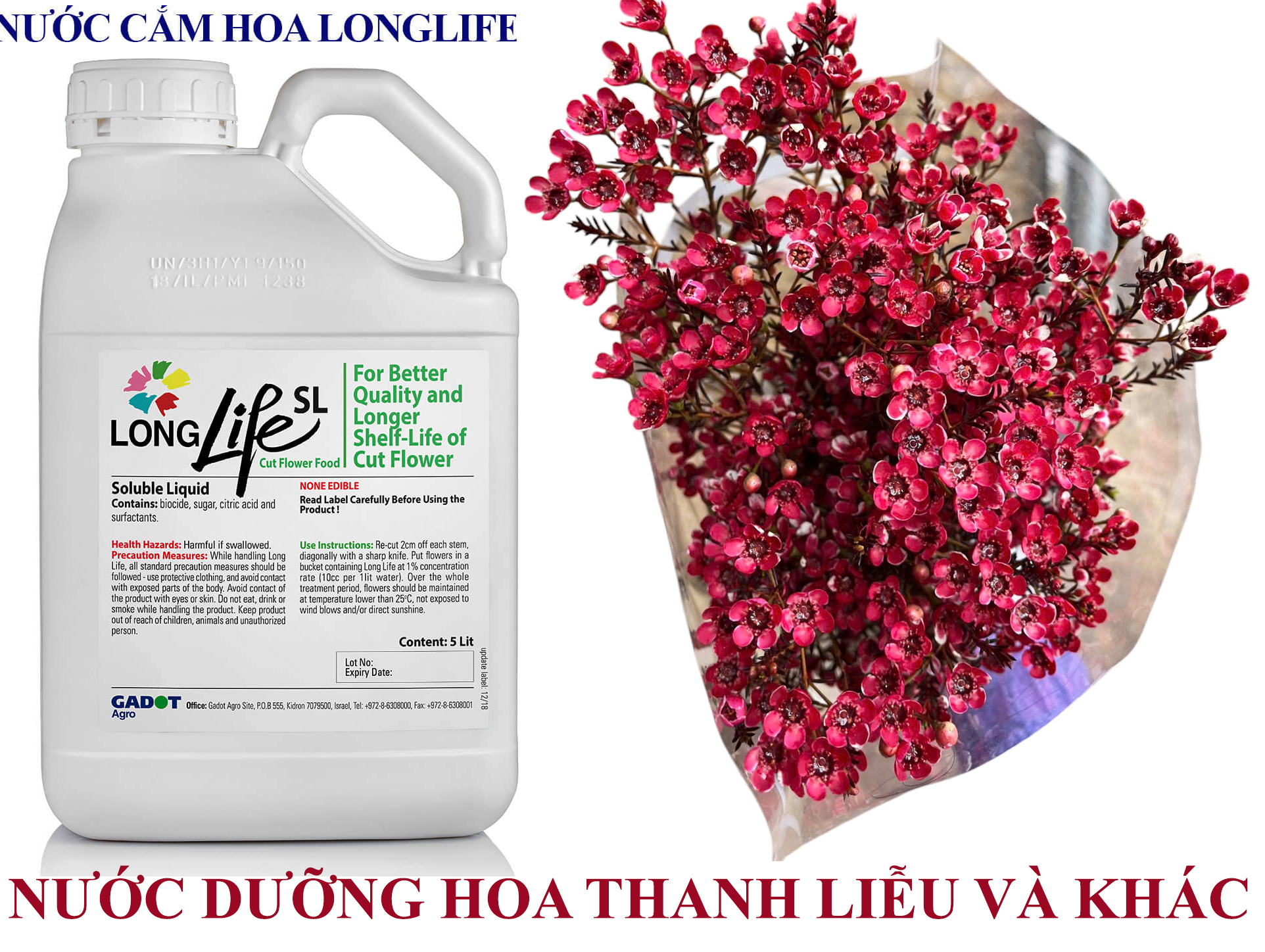 Chế phẩm Thuốc Nước Cắm hoa Thanh Liễu lâu tàn nhập khẩu Israel hiệu Longlife SL Liquid (CAN 5L pha 500L nước giá sỉ)