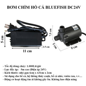 Bơm Chìm Hồ Cá Loại Nhỏ 24v DC hiệu BlueFish (Giá Thanh Lý) gồm máy bơm và bộ đổi điện AC. Bảo hành 12 tháng